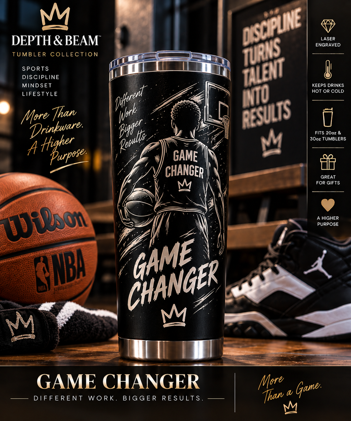 Complete front view of Game Changer laminated tumbler