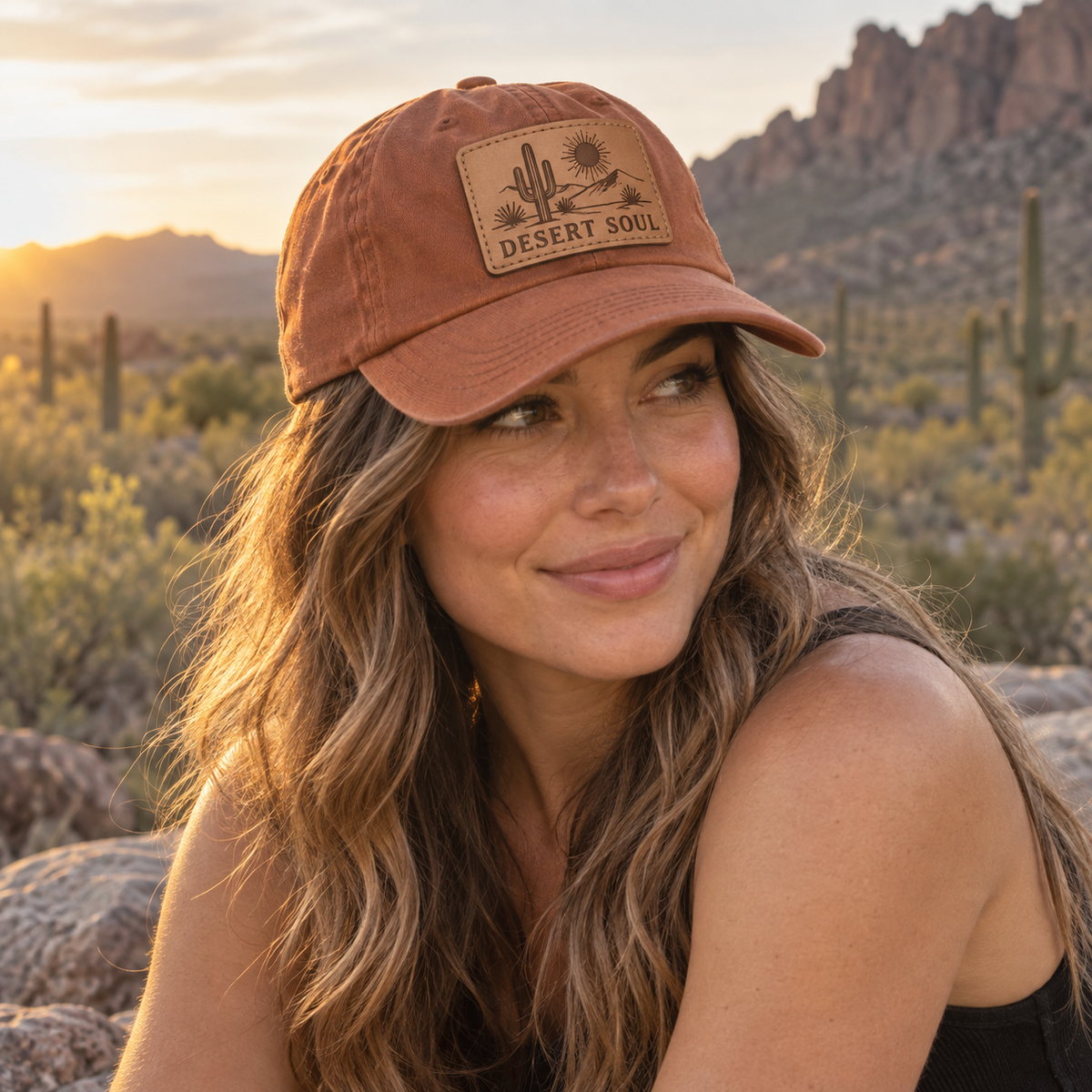 Woman wearing Desert Soul leather patch cap