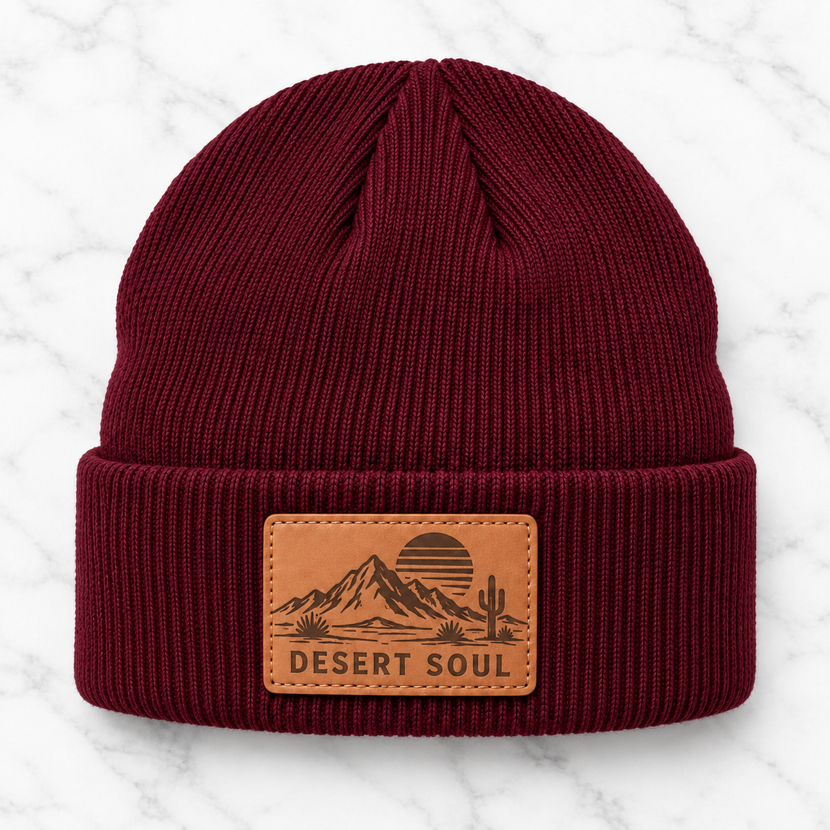 Maroon Desert Soul engraved leather patch beanie