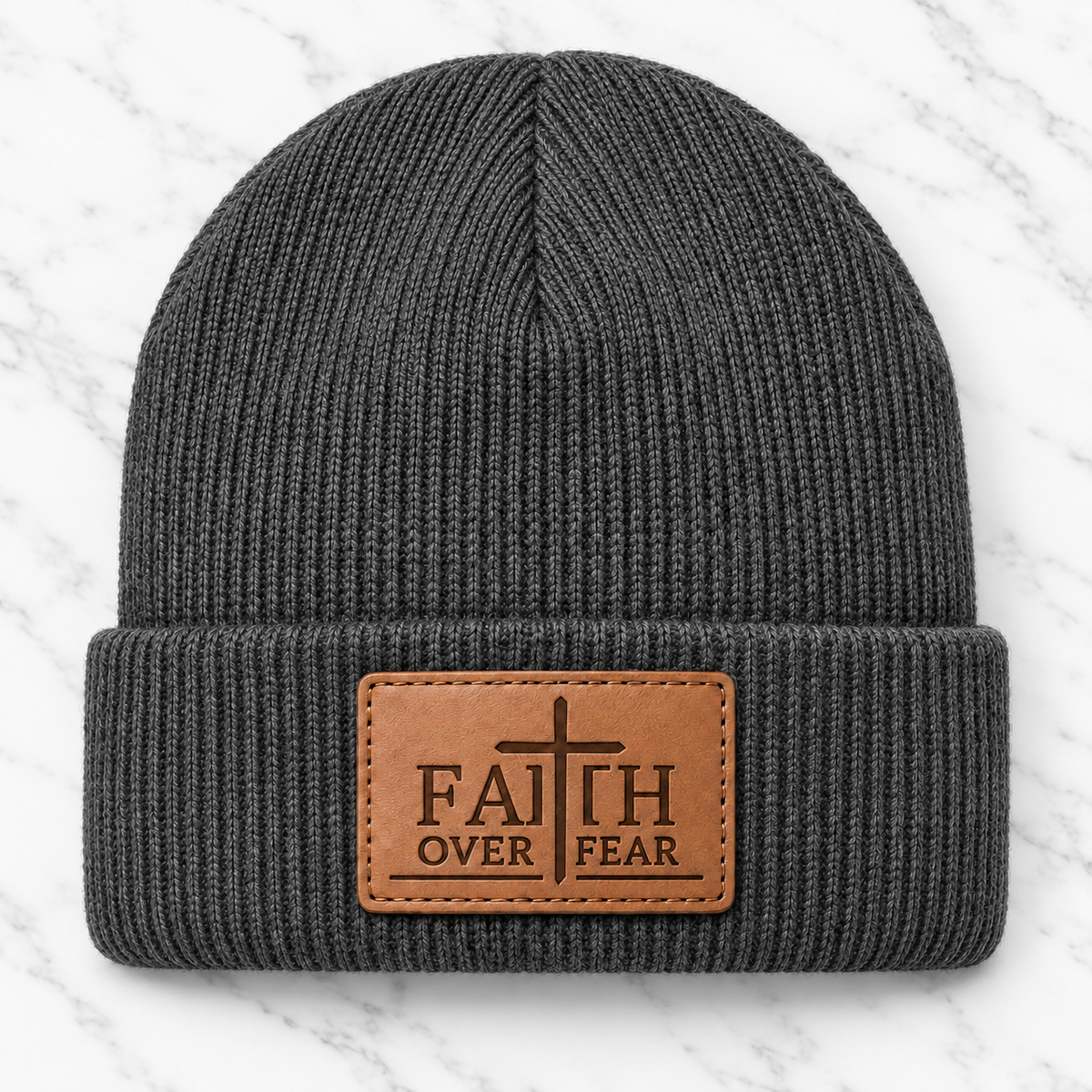 Charcoal Faith Over Fear engraved leather patch beanie
