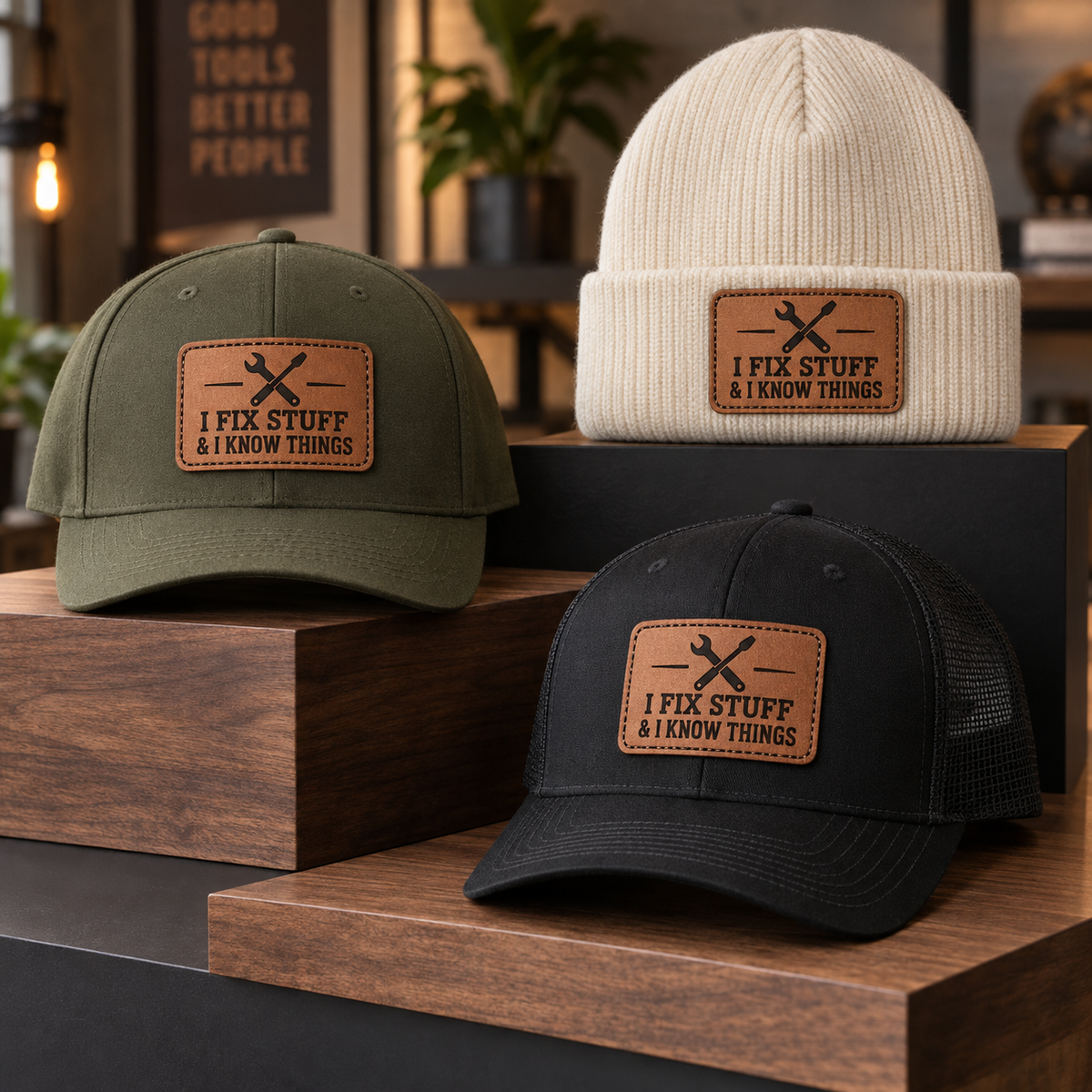 I Fix Stuff leather patch hats