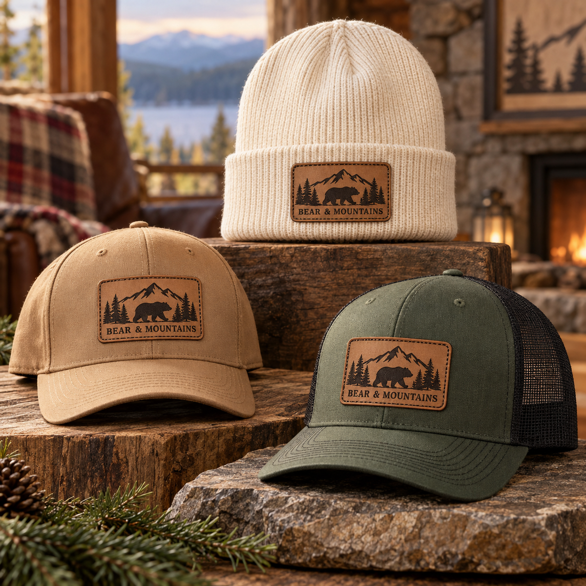 Bear and Mountains leather patch hats
