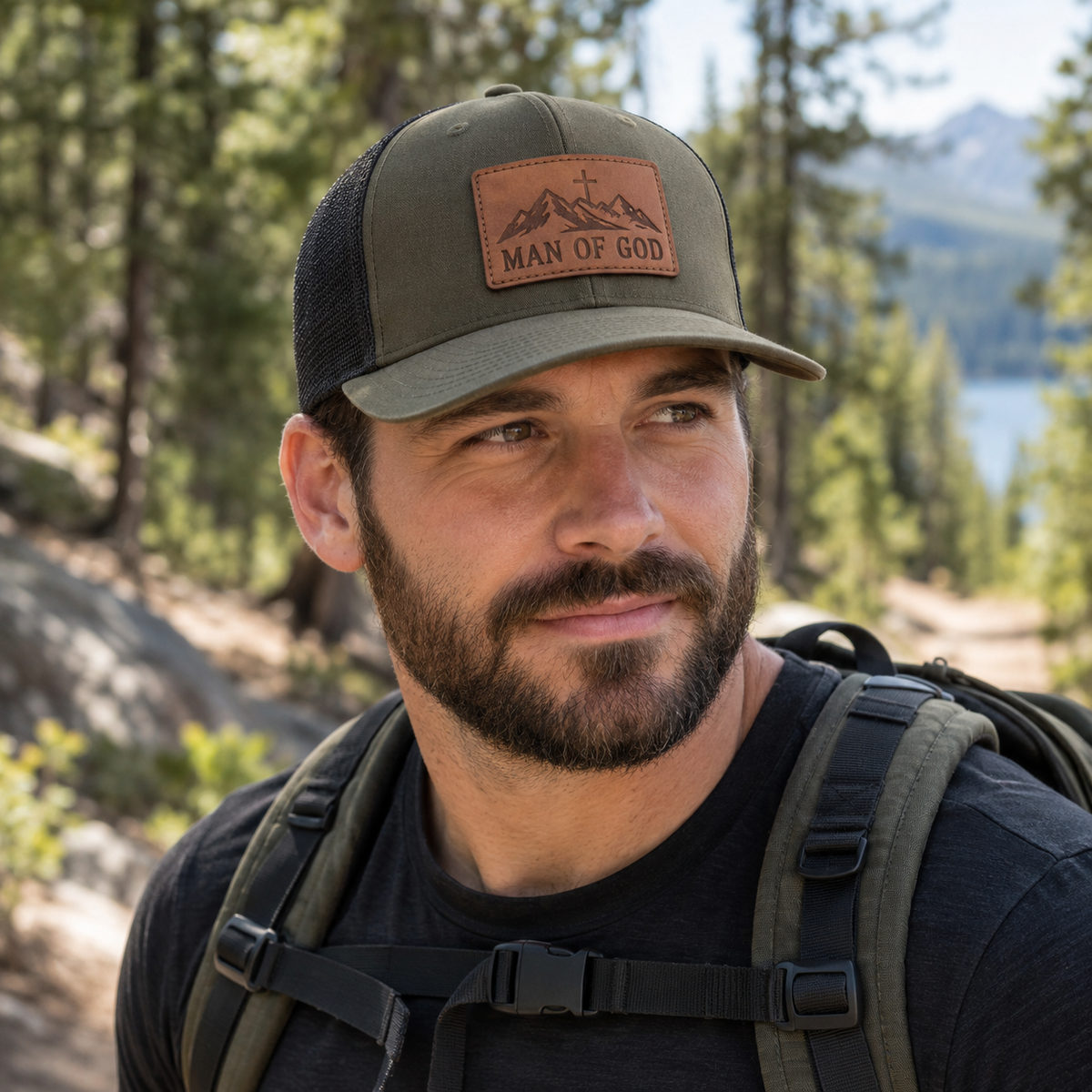 Man wearing Man of God leather patch cap