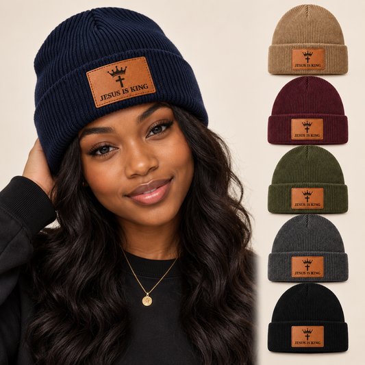 Jesus Is King Engraved Leather Patch Beanie