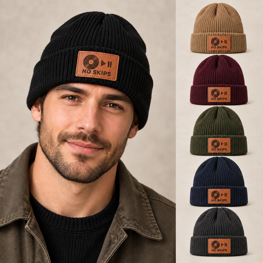 No Skips Engraved Leather Patch Beanie