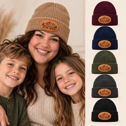 Mama Bear Engraved Leather Patch Beanie