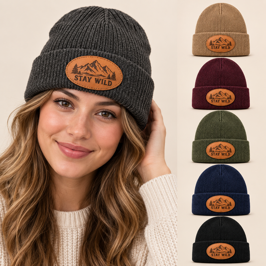 Stay Wild Mountain Engraved Leather Patch Beanie