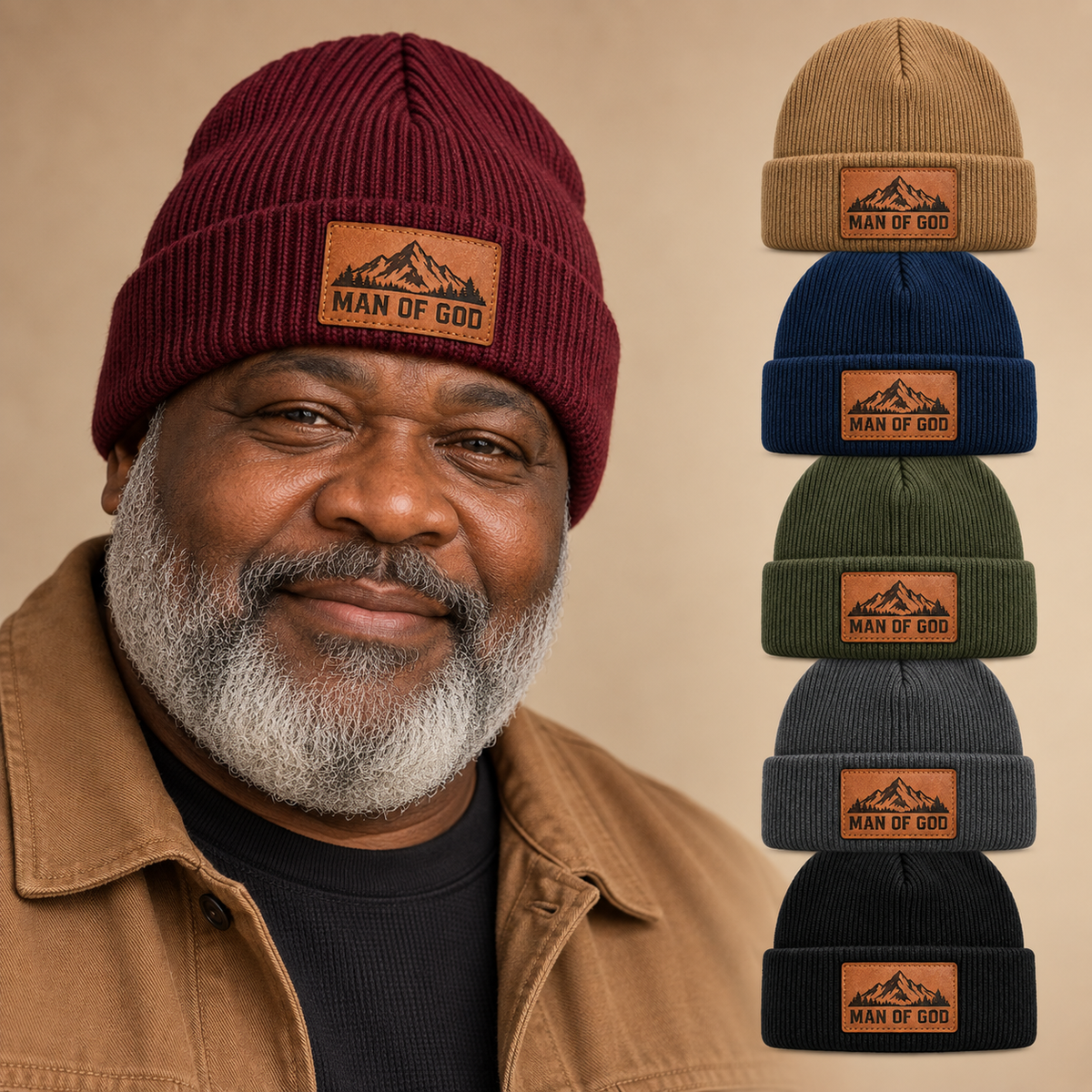 Man of God Mountain Engraved Leather Patch Beanie