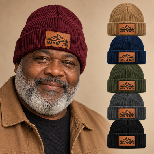 Man of God Mountain Engraved Leather Patch Beanie