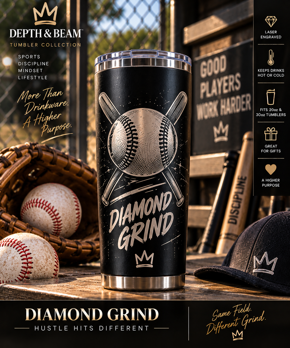 Complete front view of Diamond Grind Baseball laminated tumbler