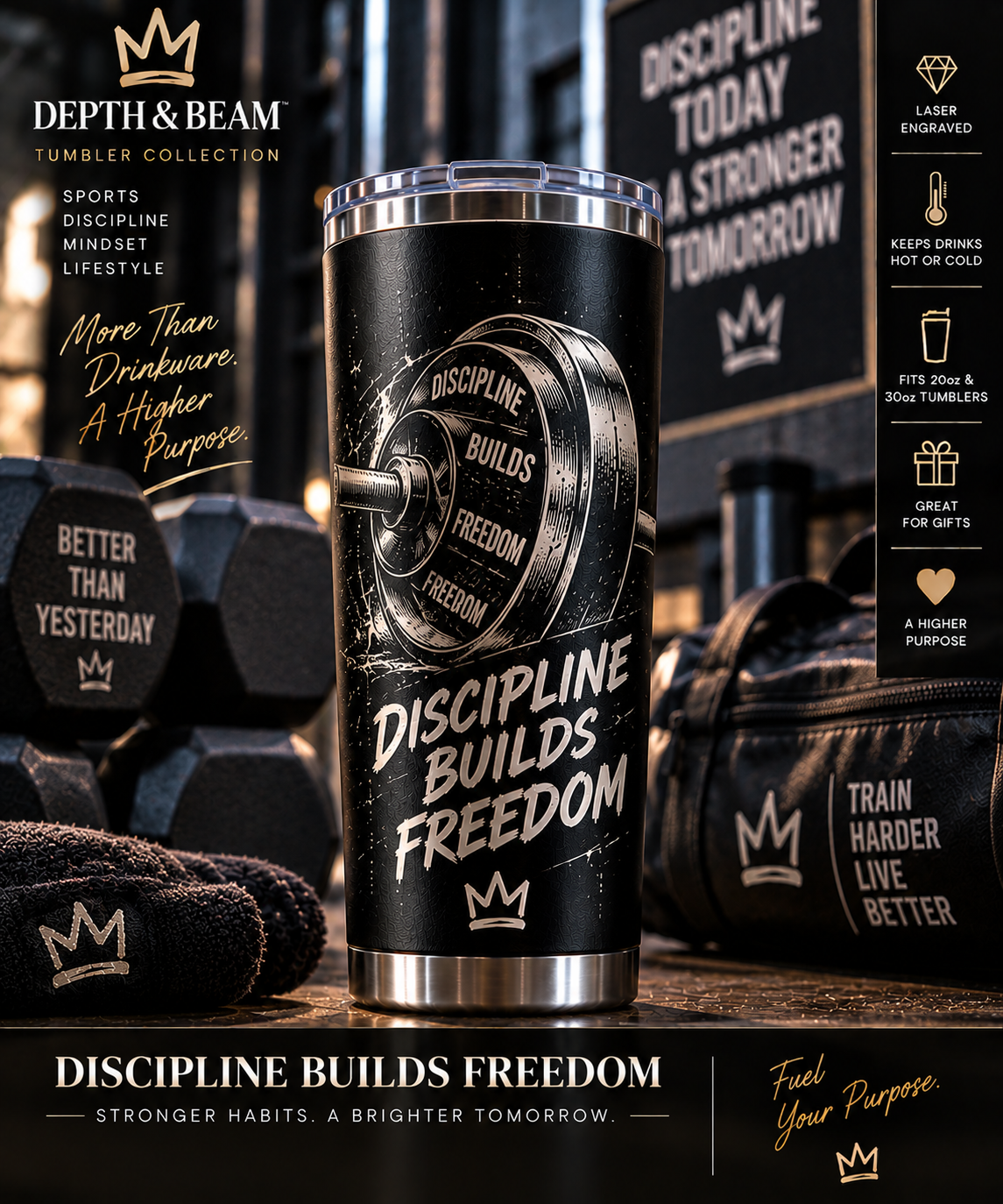 Complete front view of Discipline Builds Freedom laminated tumbler