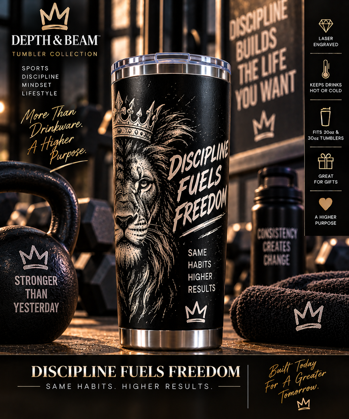 Complete front view of Discipline Fuels Freedom laminated tumbler
