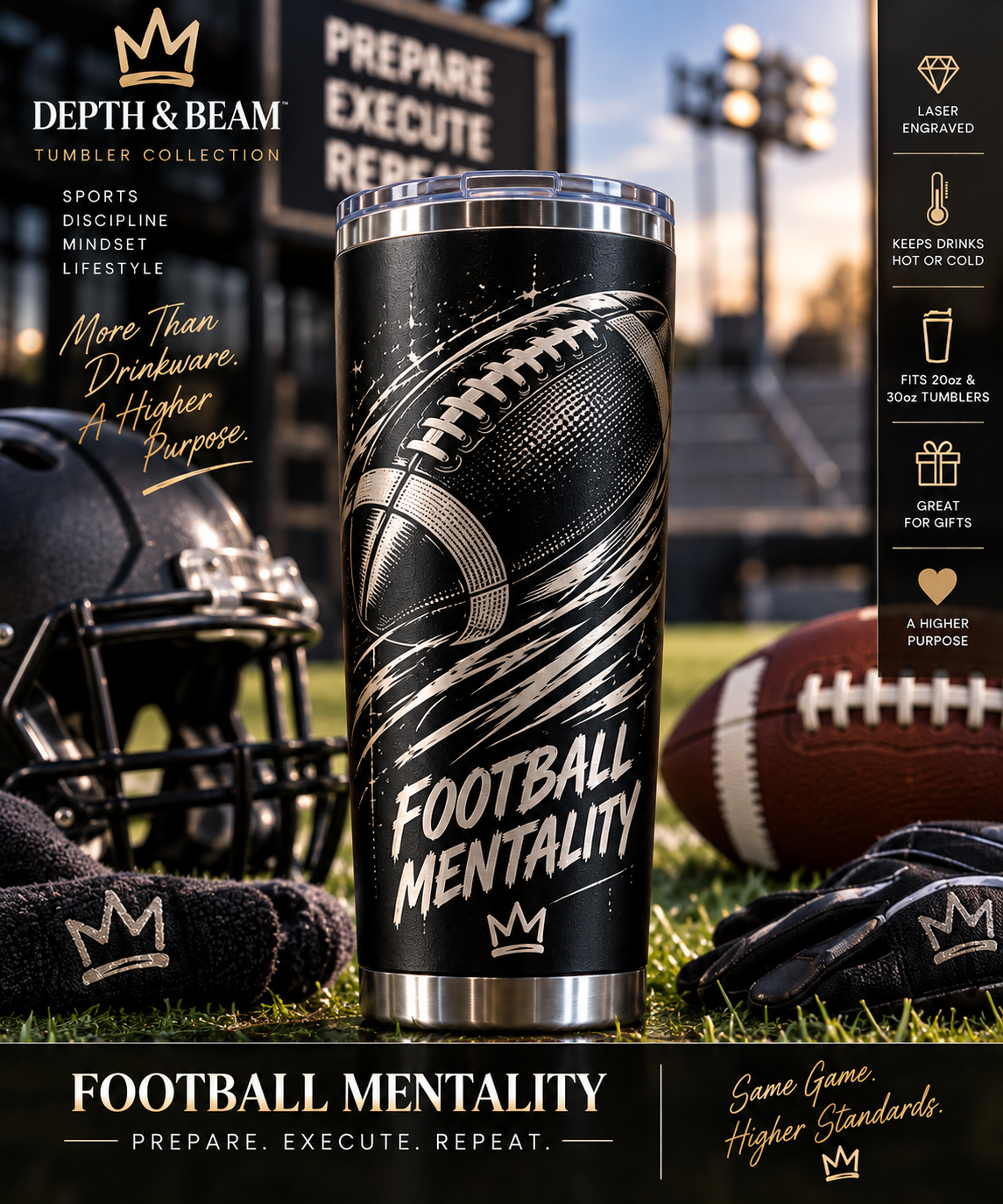 Complete front view of Football Mentality laminated tumbler