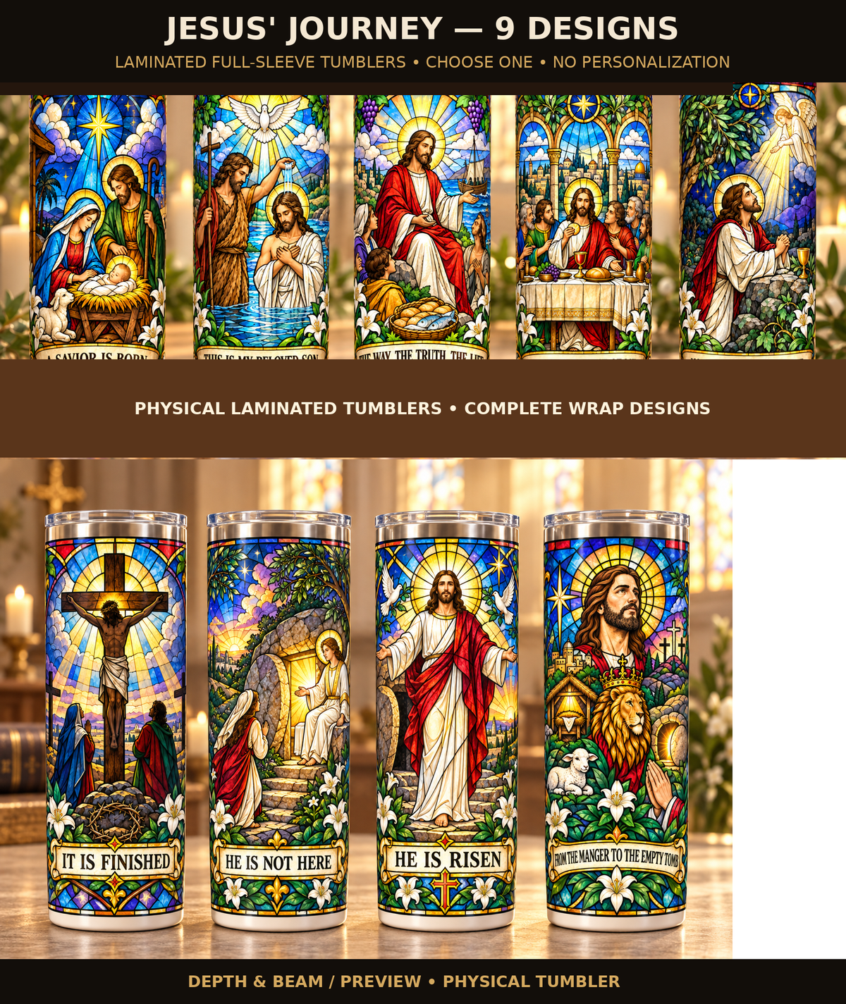 Jesus’ Journey laminated tumbler design choices