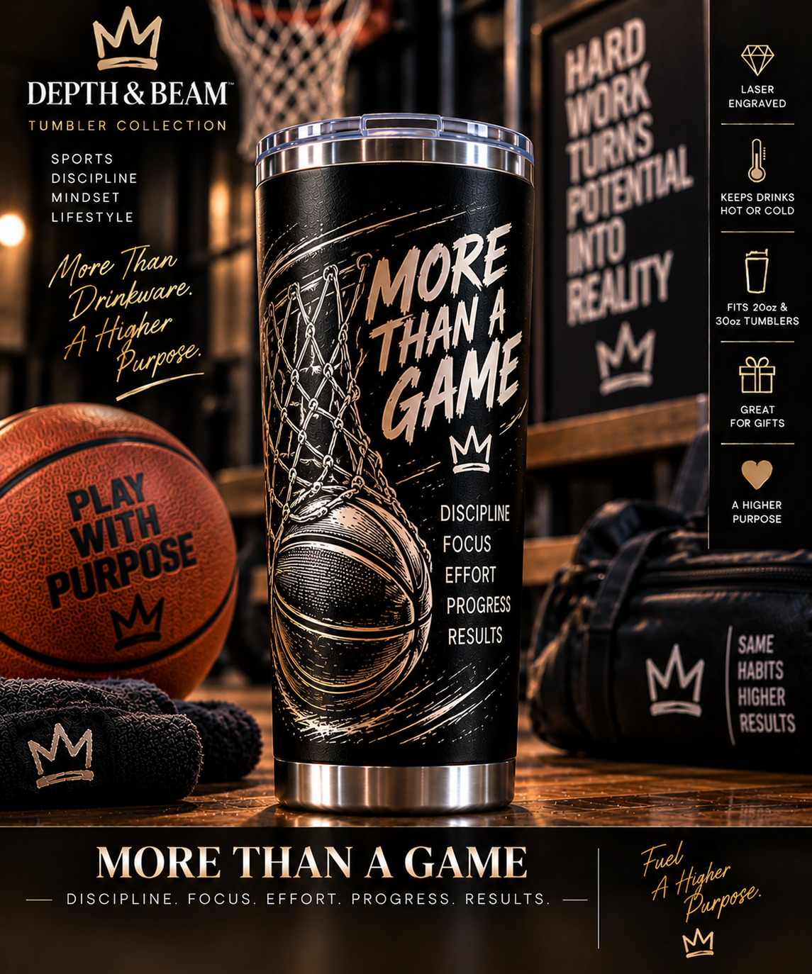 Complete front view of More Than a Game laminated tumbler