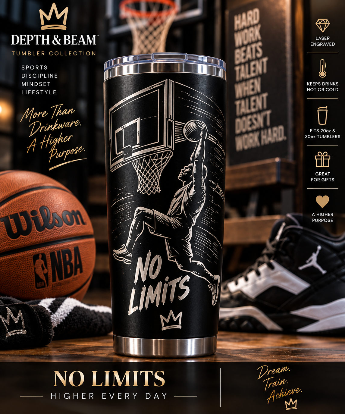 Complete front view of No Limits Basketball laminated tumbler