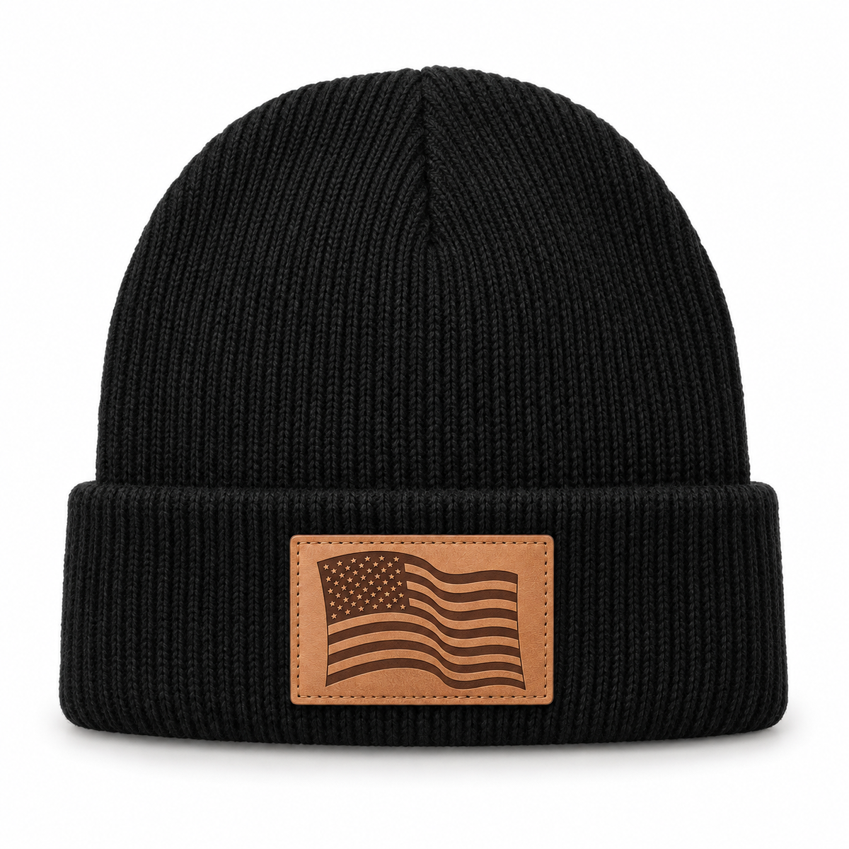 American Flag leather patch beanie