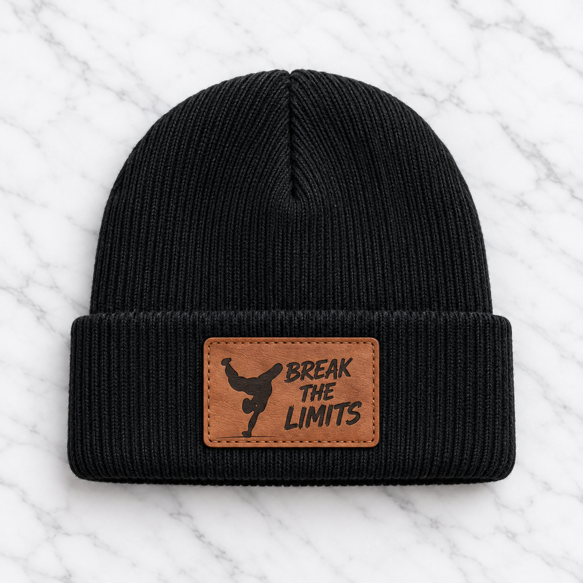 Black Break the Limits engraved leather patch beanie