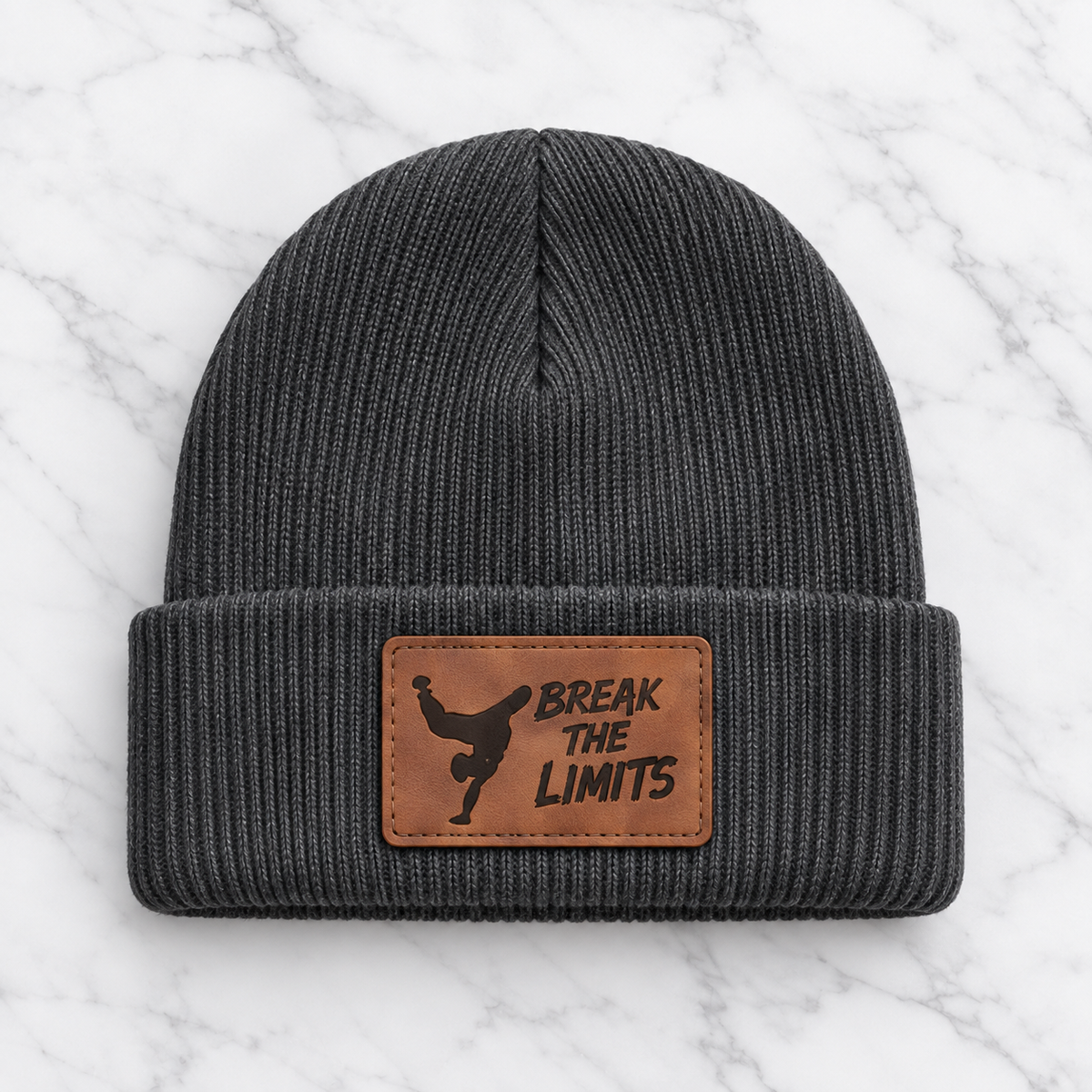 Charcoal Break the Limits engraved leather patch beanie