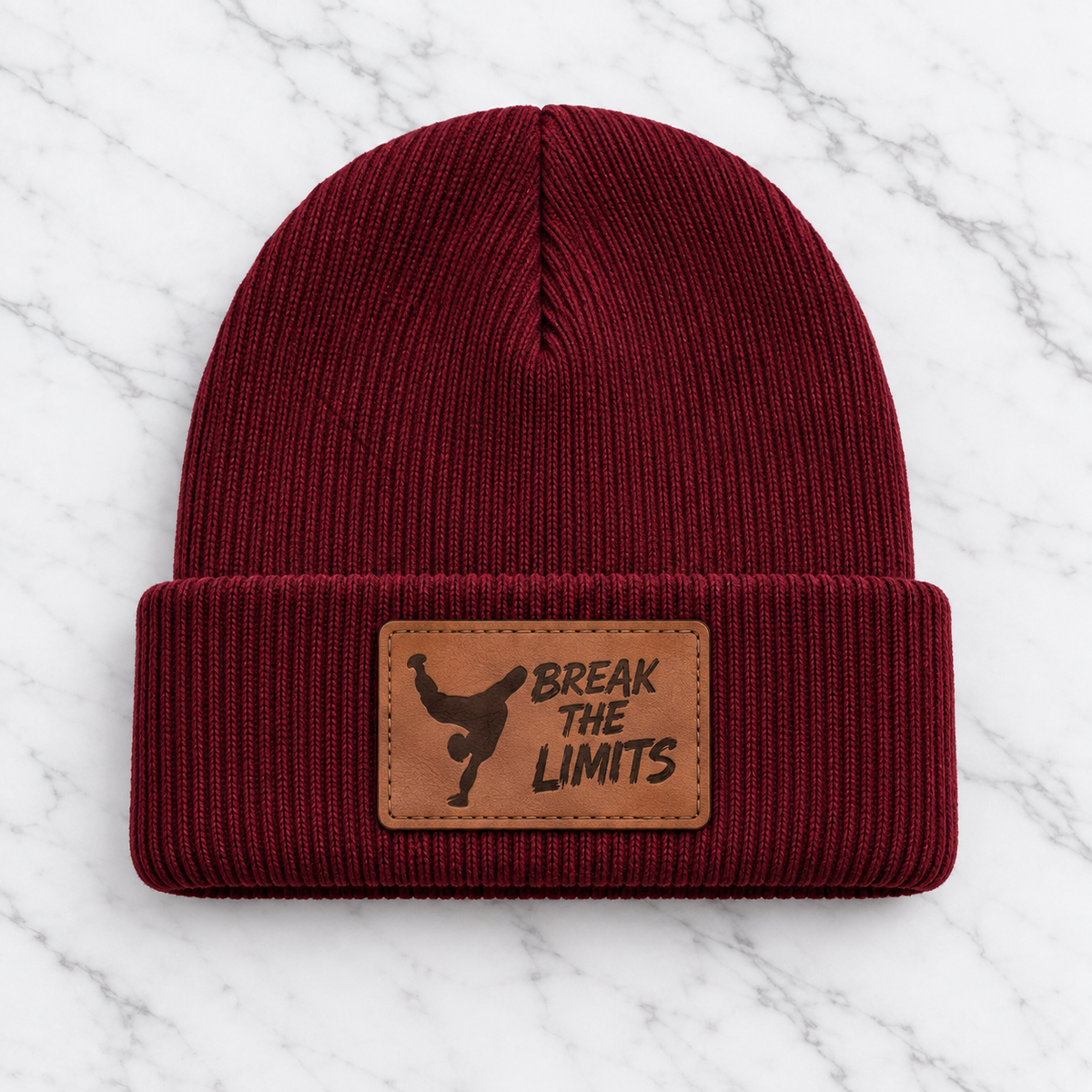 Maroon Break the Limits engraved leather patch beanie