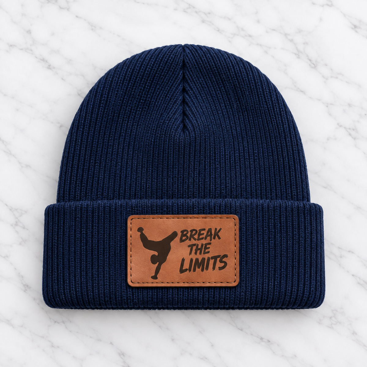 Navy Break the Limits engraved leather patch beanie