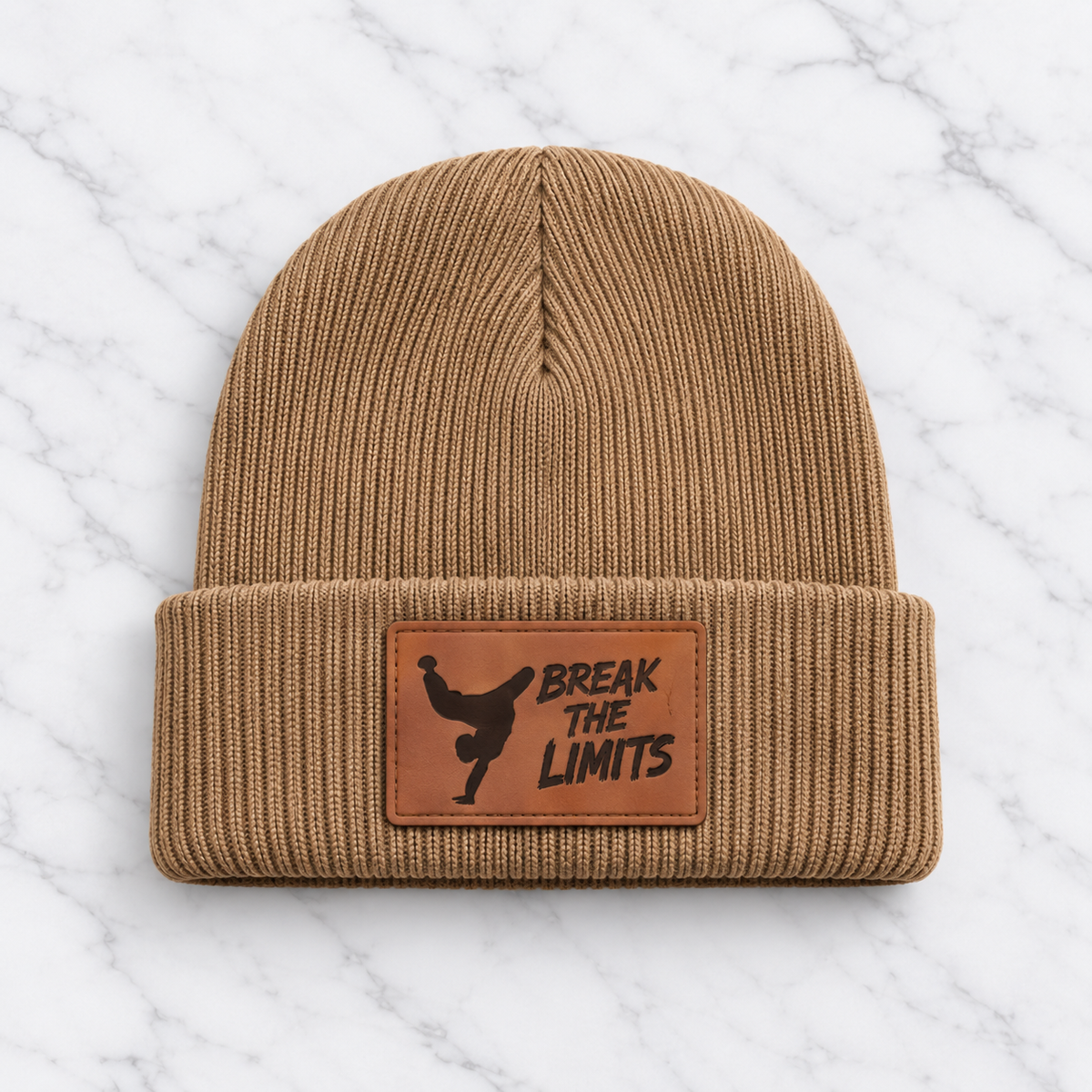 Tan Break the Limits engraved leather patch beanie