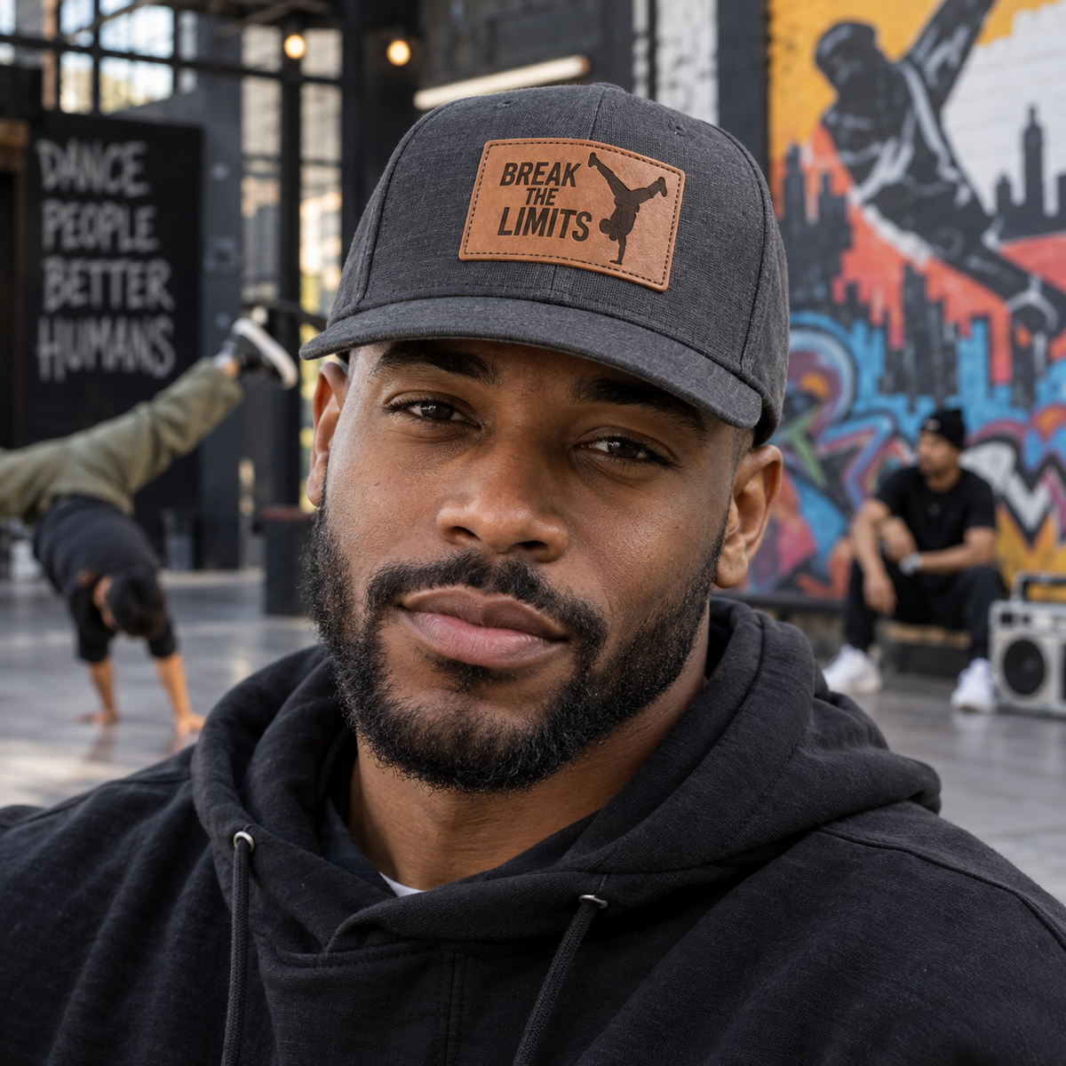Man wearing Break the Limits leather patch cap