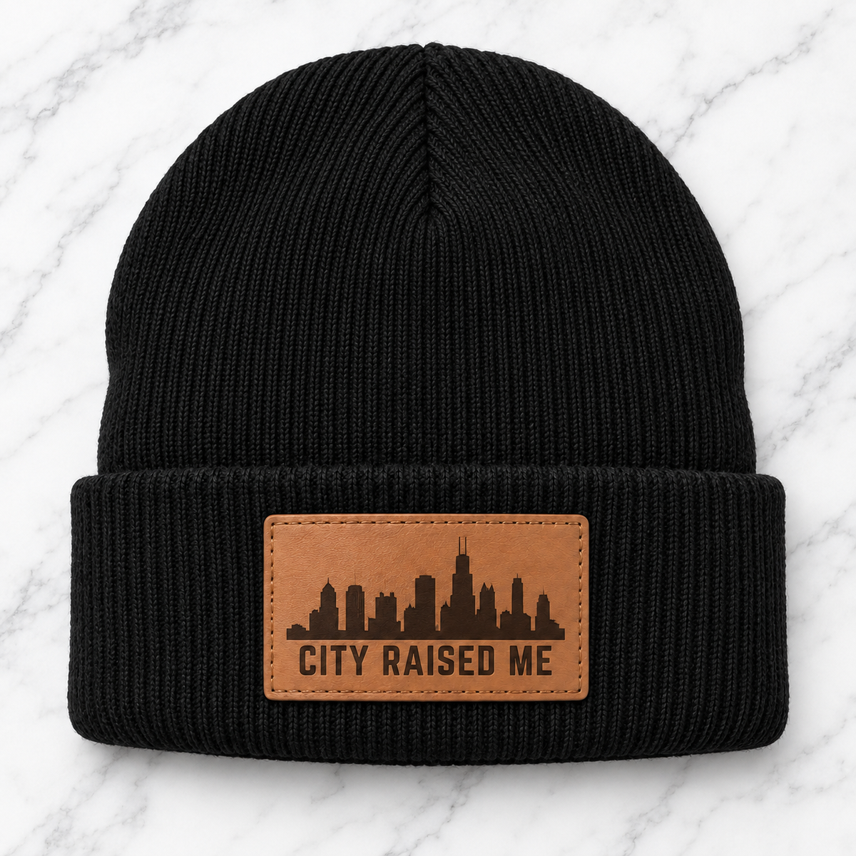 Black City Raised Me engraved leather patch beanie