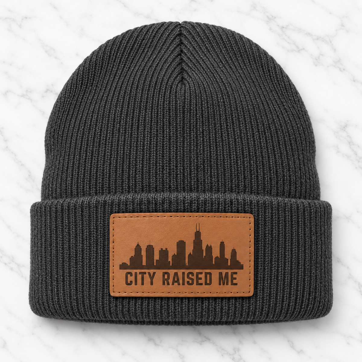 Charcoal City Raised Me engraved leather patch beanie