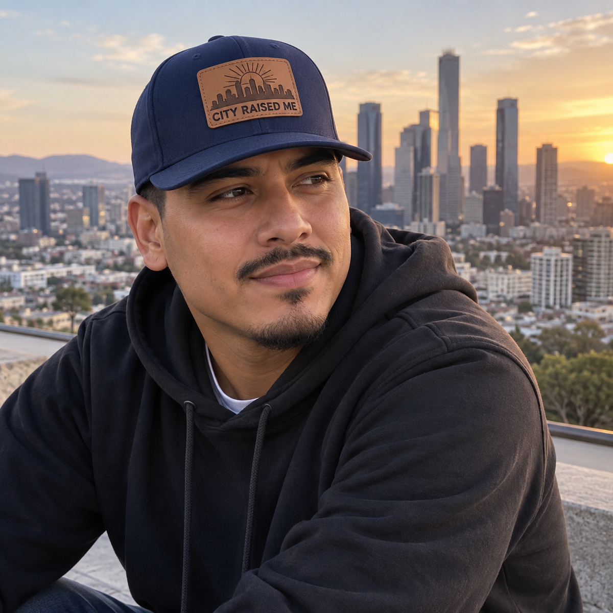 Man wearing City Raised Me leather patch cap