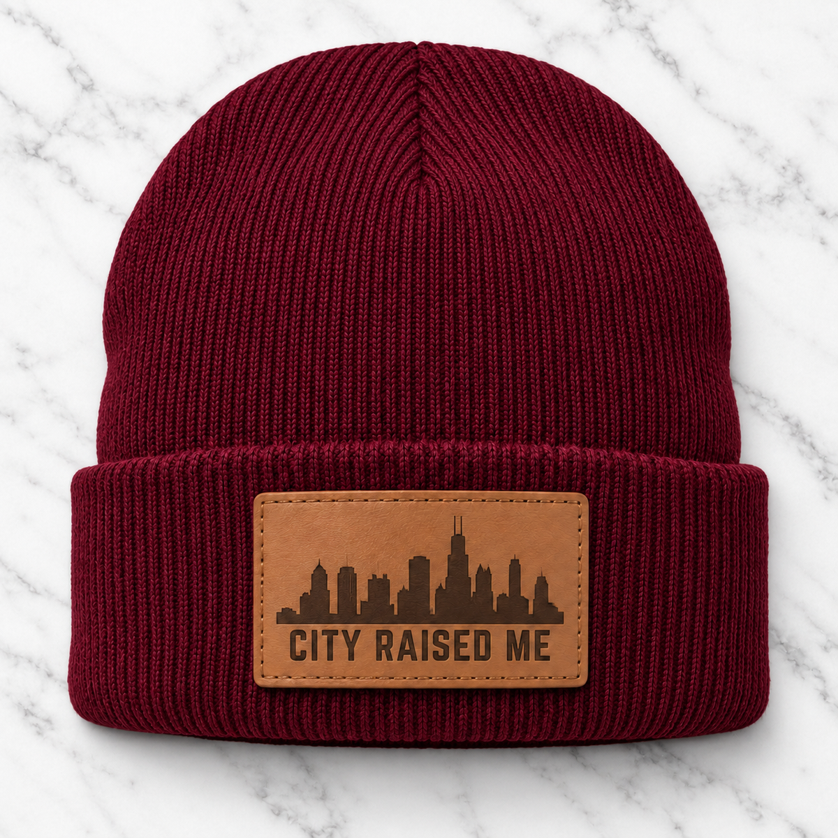 Maroon City Raised Me engraved leather patch beanie