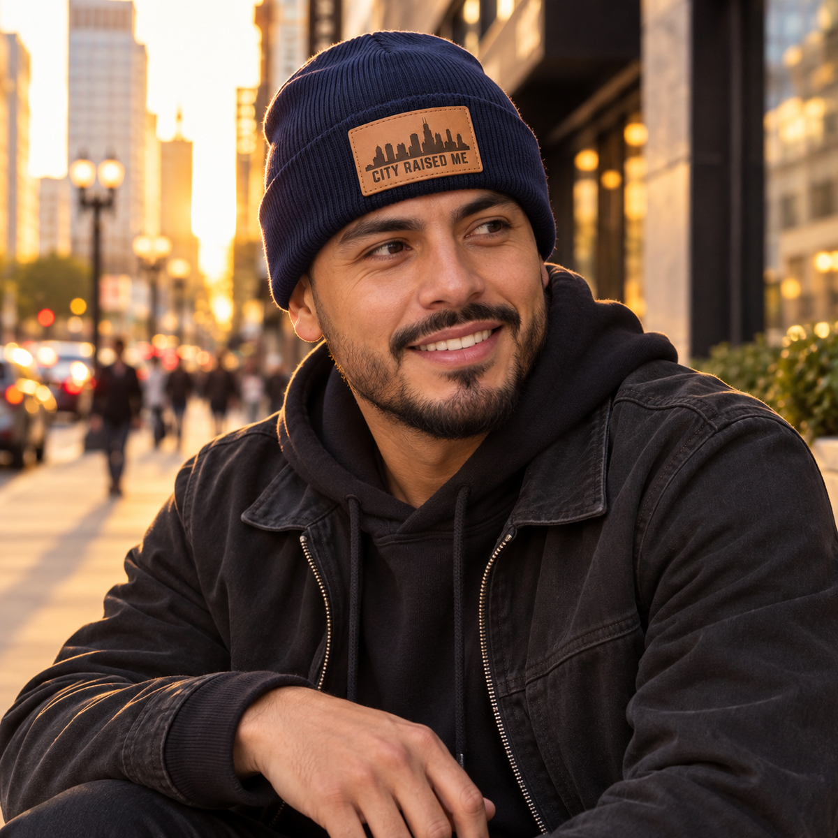Man wearing navy City Raised Me engraved leather patch beanie