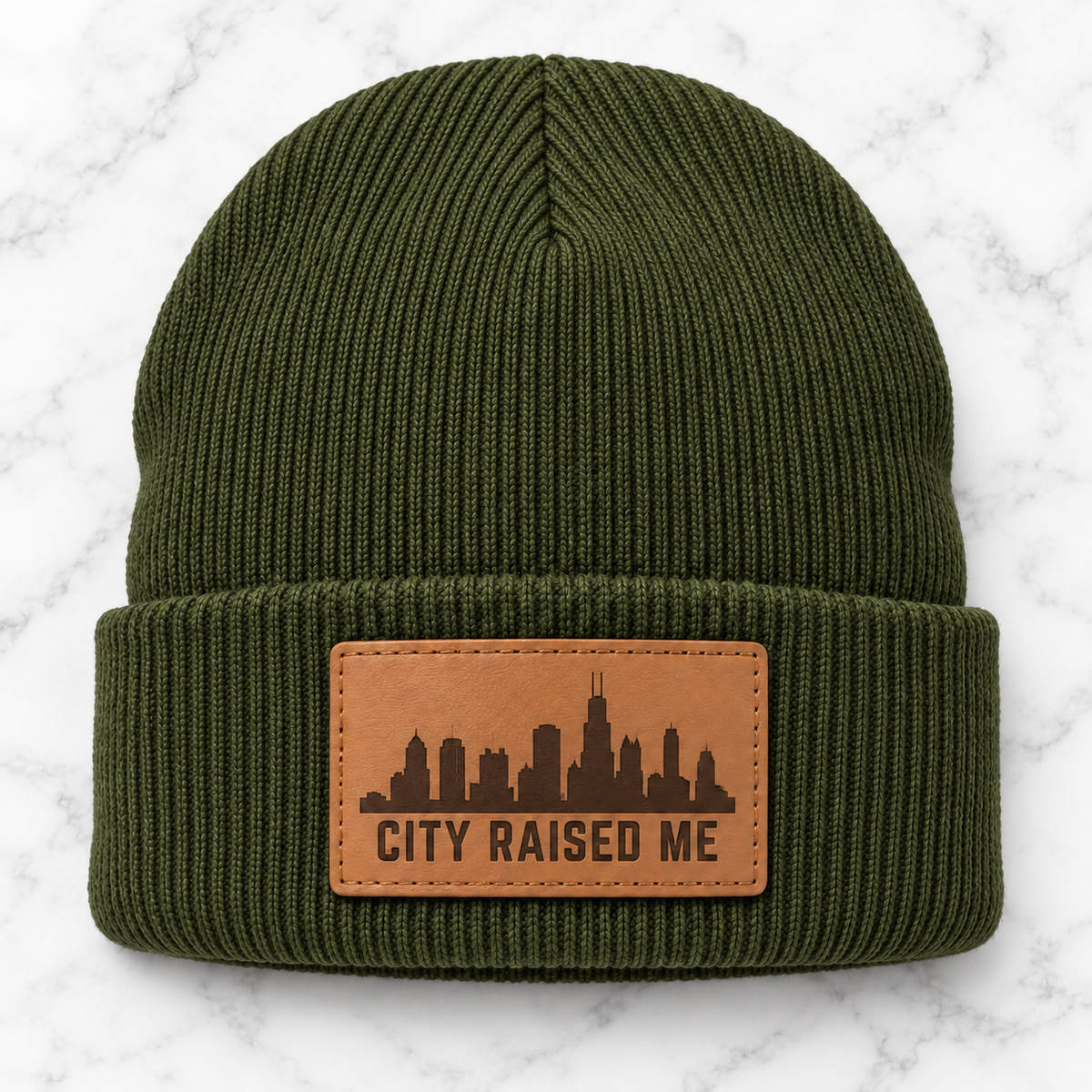 Olive City Raised Me engraved leather patch beanie