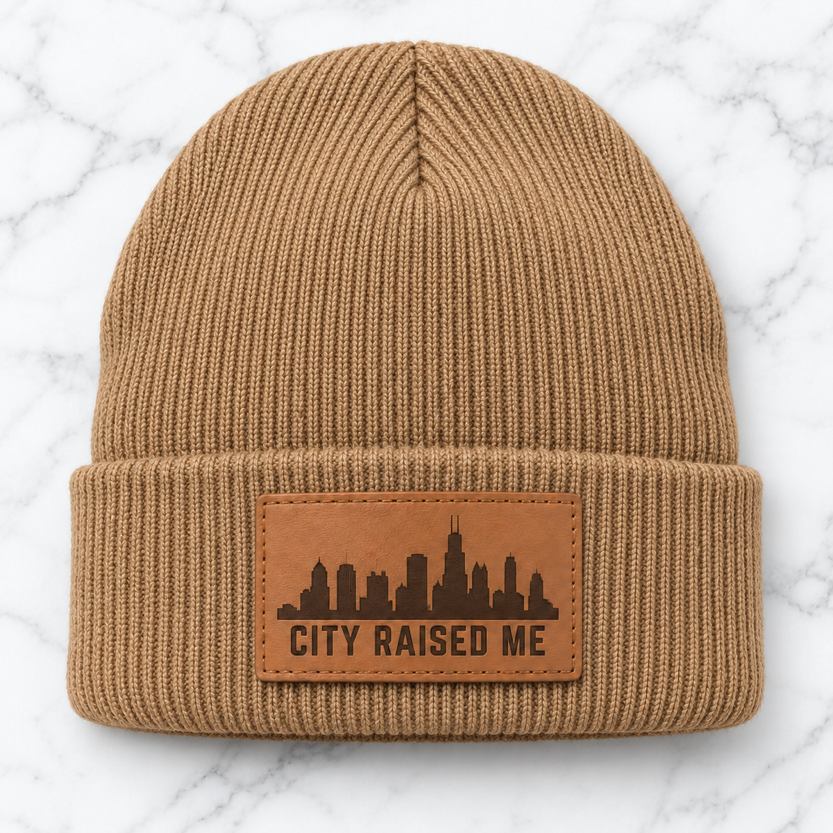 Tan City Raised Me engraved leather patch beanie
