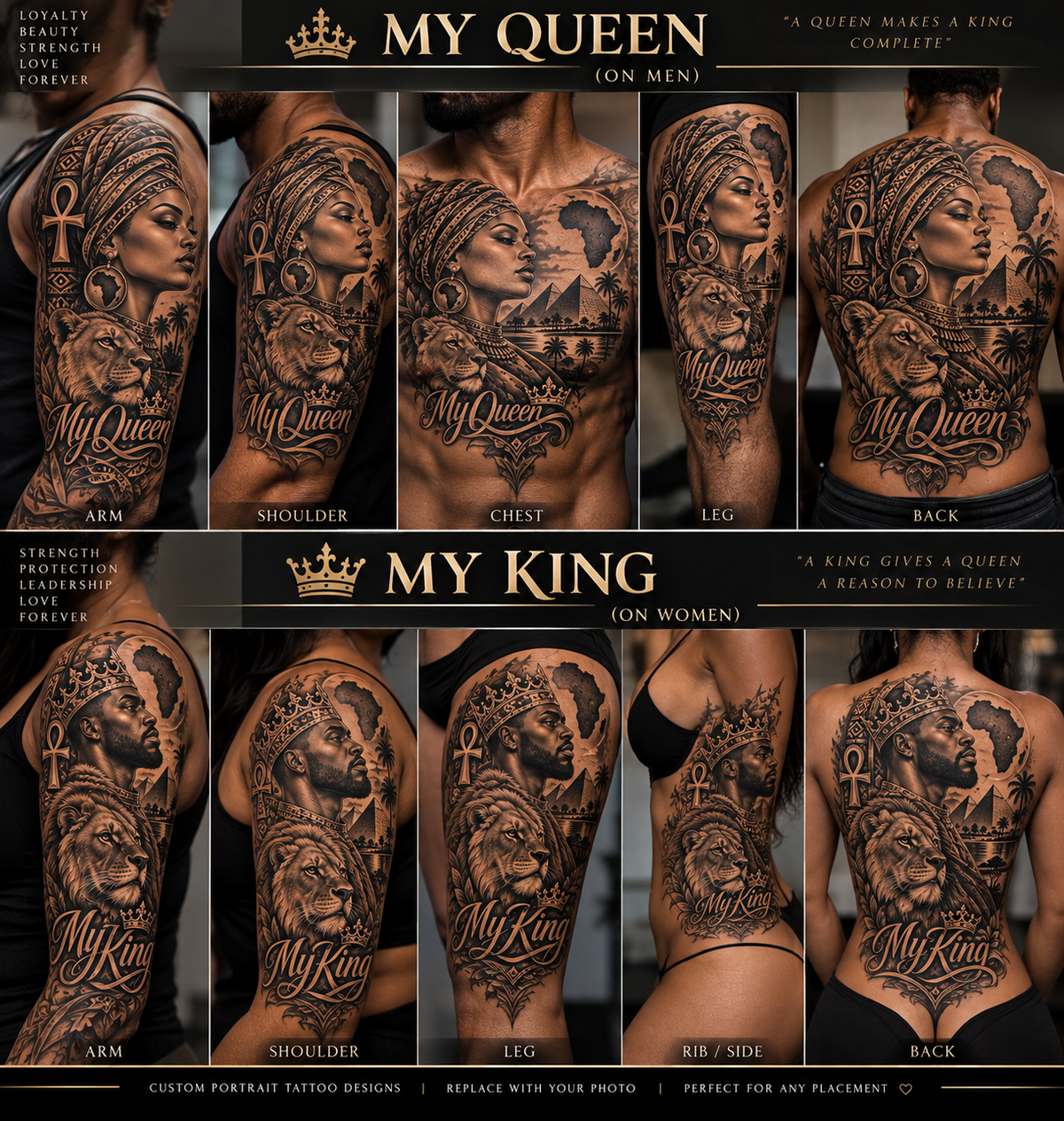 My King custom portrait tattoo design placement inspiration
