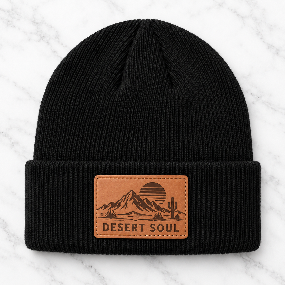 Black Desert Soul engraved leather patch beanie