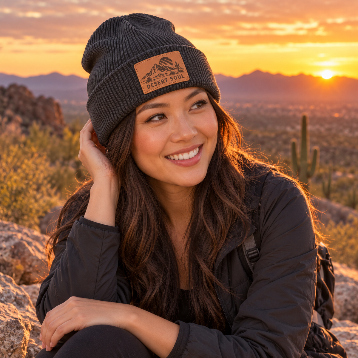 Woman wearing charcoal Desert Soul engraved leather patch beanie