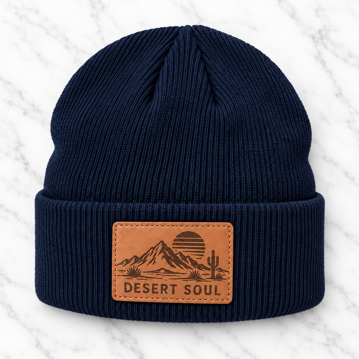 Navy Desert Soul engraved leather patch beanie