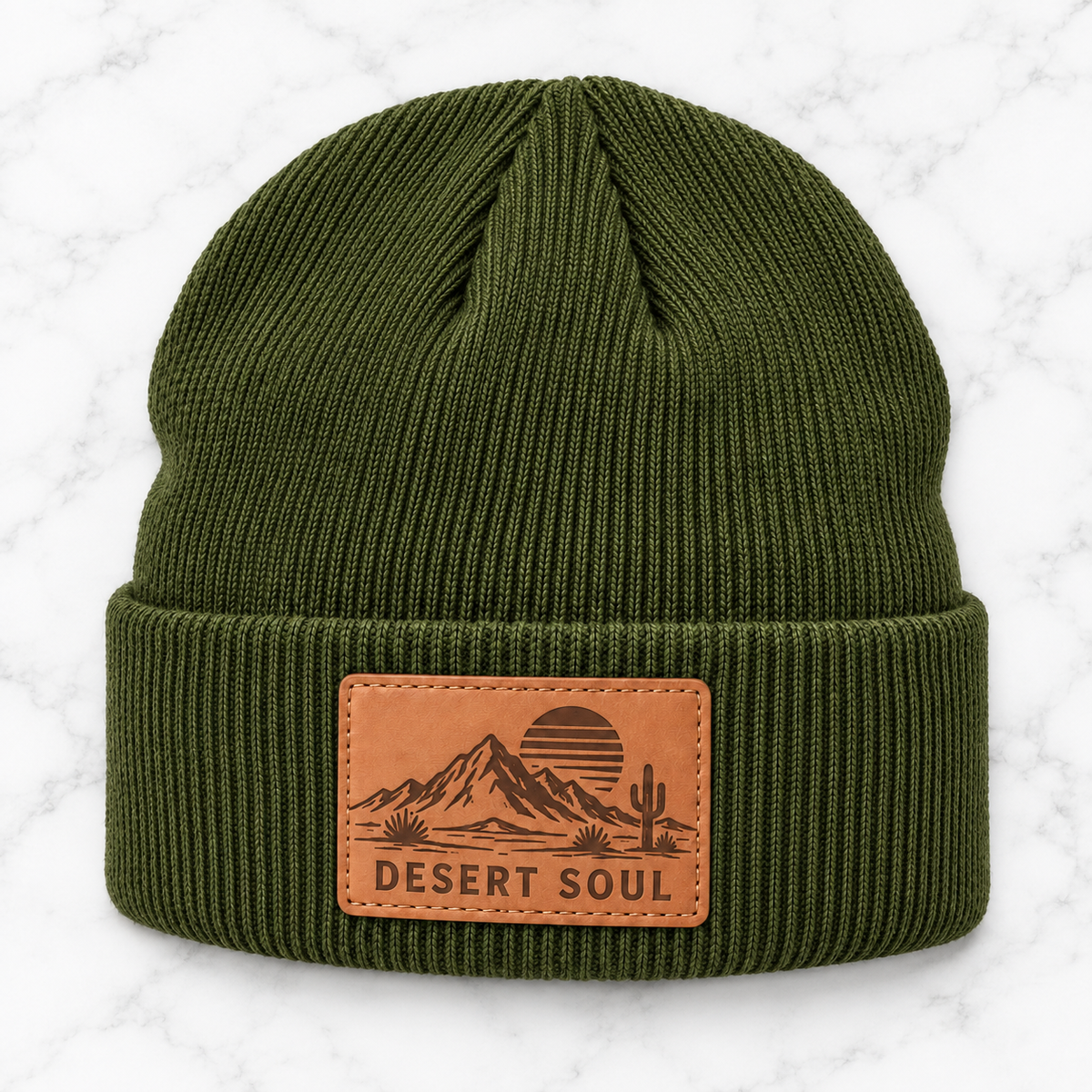 Olive Desert Soul engraved leather patch beanie