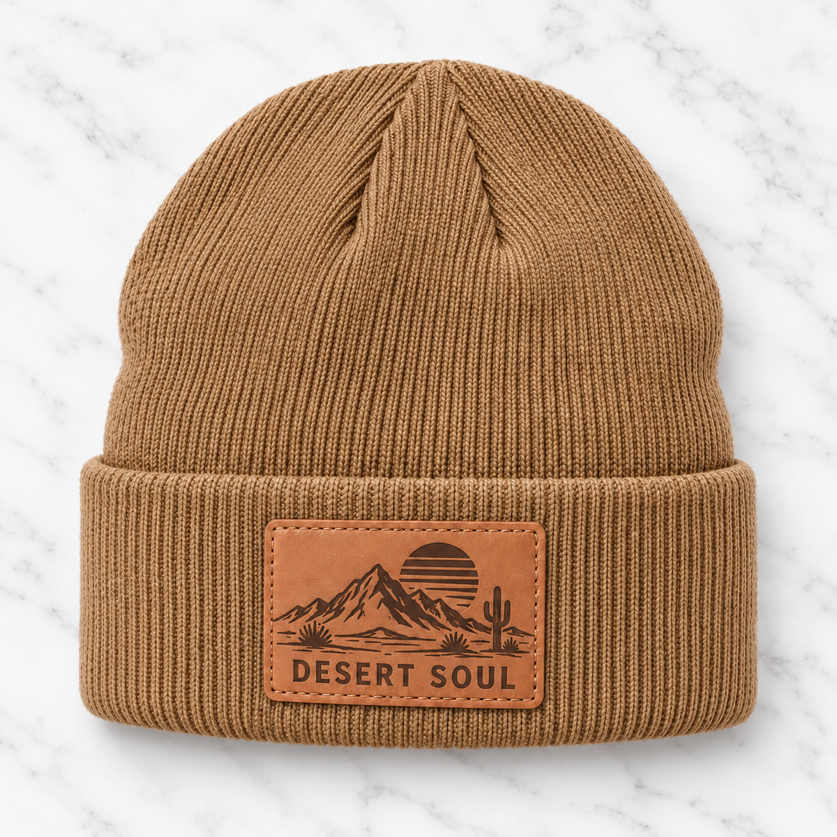 Tan Desert Soul engraved leather patch beanie