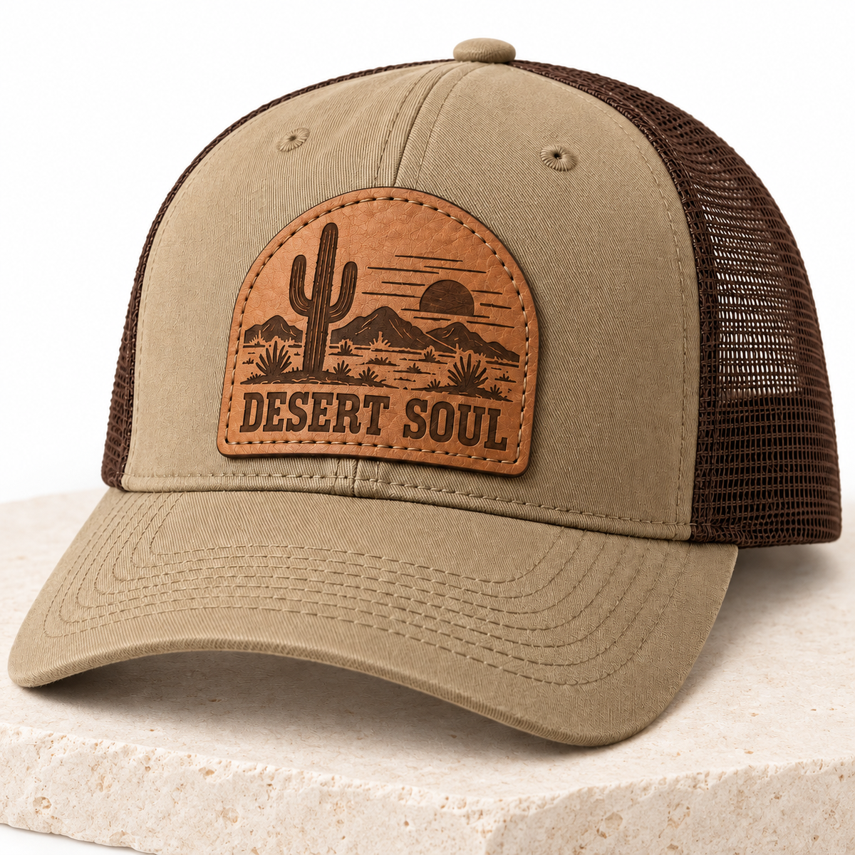 Desert Soul leather patch trucker hat close-up