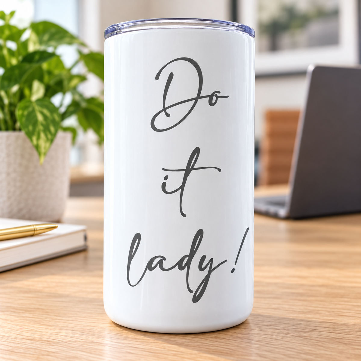 Do It Lady engraved white tumbler on an office desk