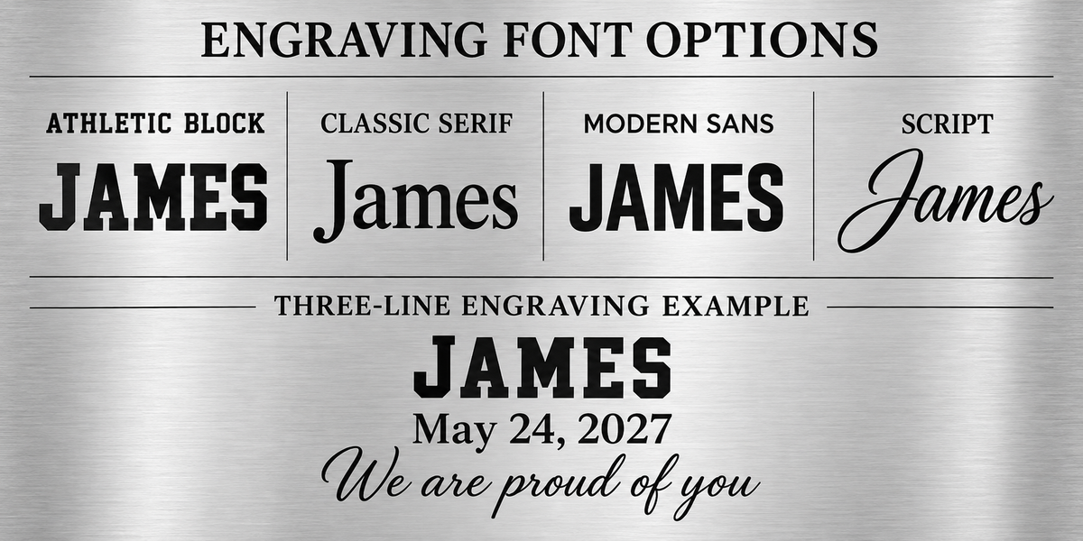 Engraving font options: Athletic Block, Classic Serif, Modern Sans, and Script
