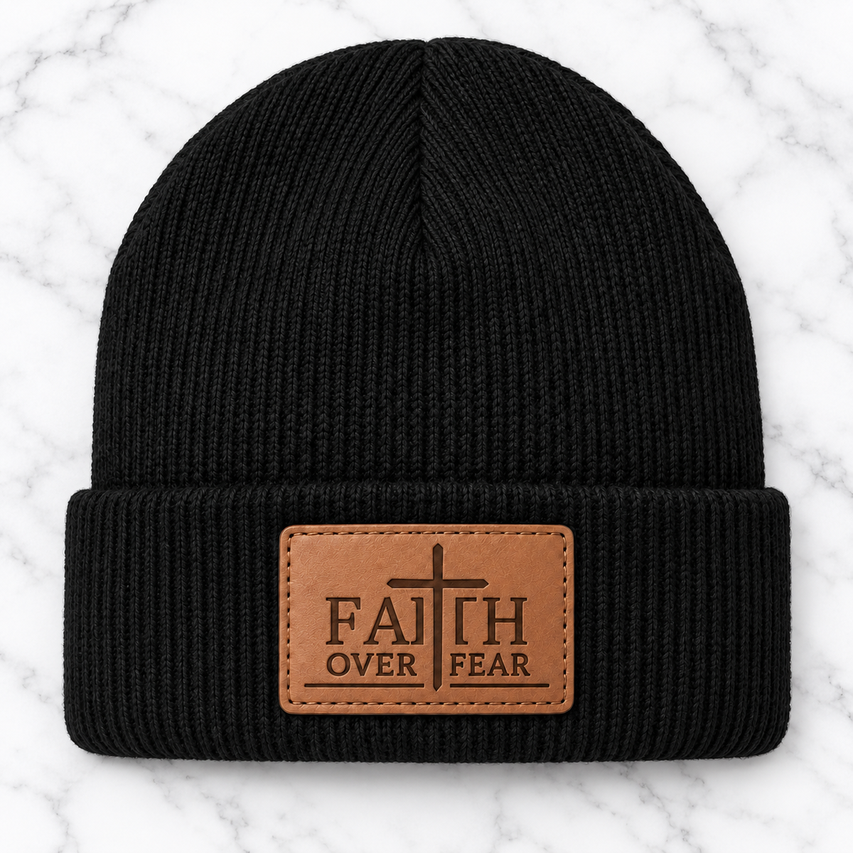 Black Faith Over Fear engraved leather patch beanie