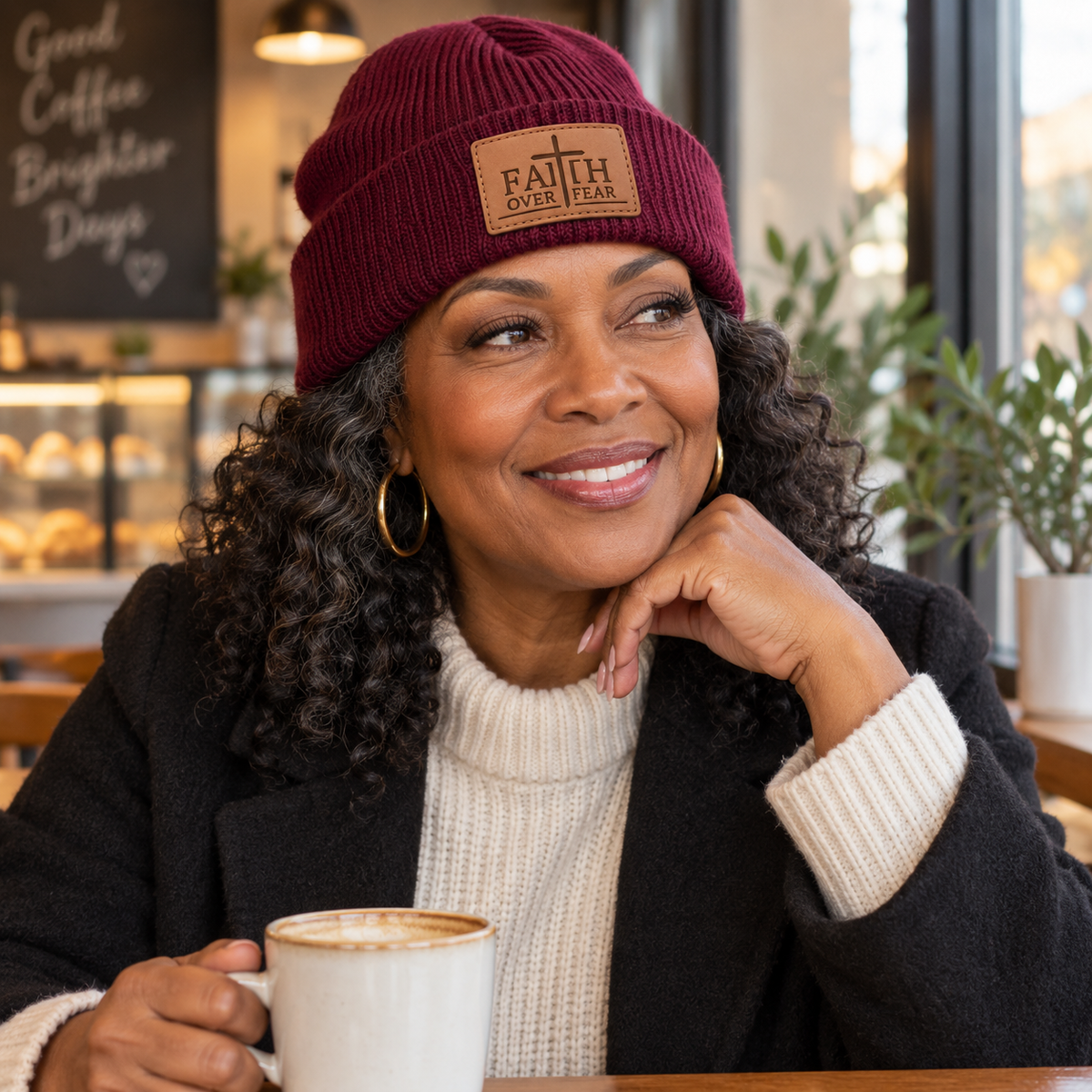 Woman wearing maroon Faith Over Fear engraved leather patch beanie