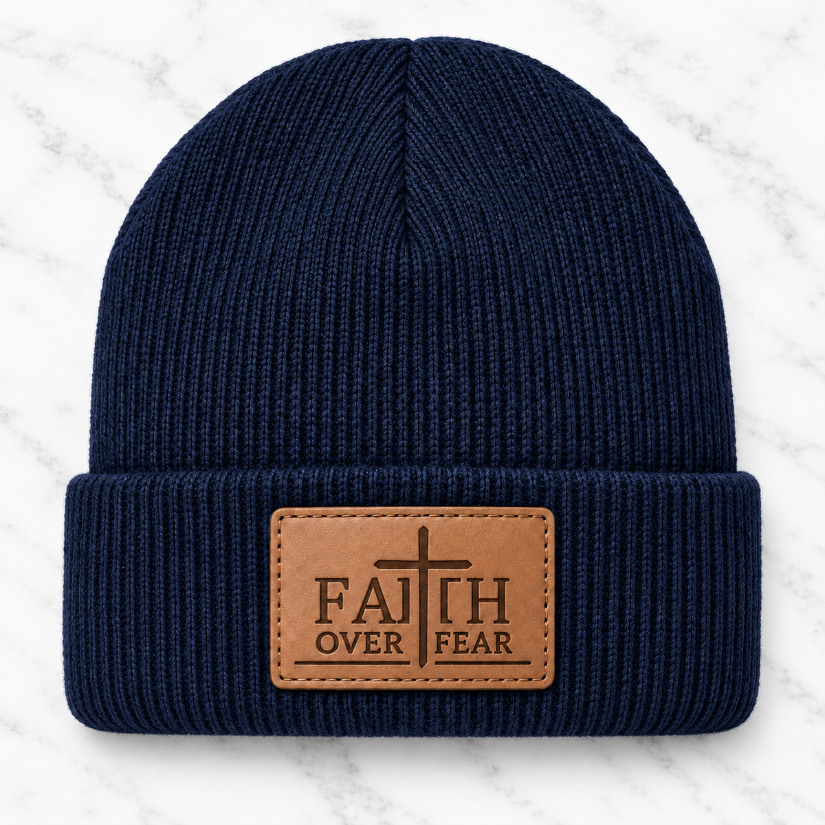 Navy Faith Over Fear engraved leather patch beanie