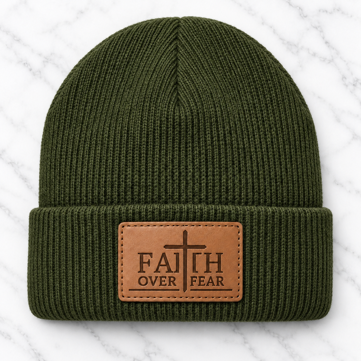 Olive Faith Over Fear engraved leather patch beanie