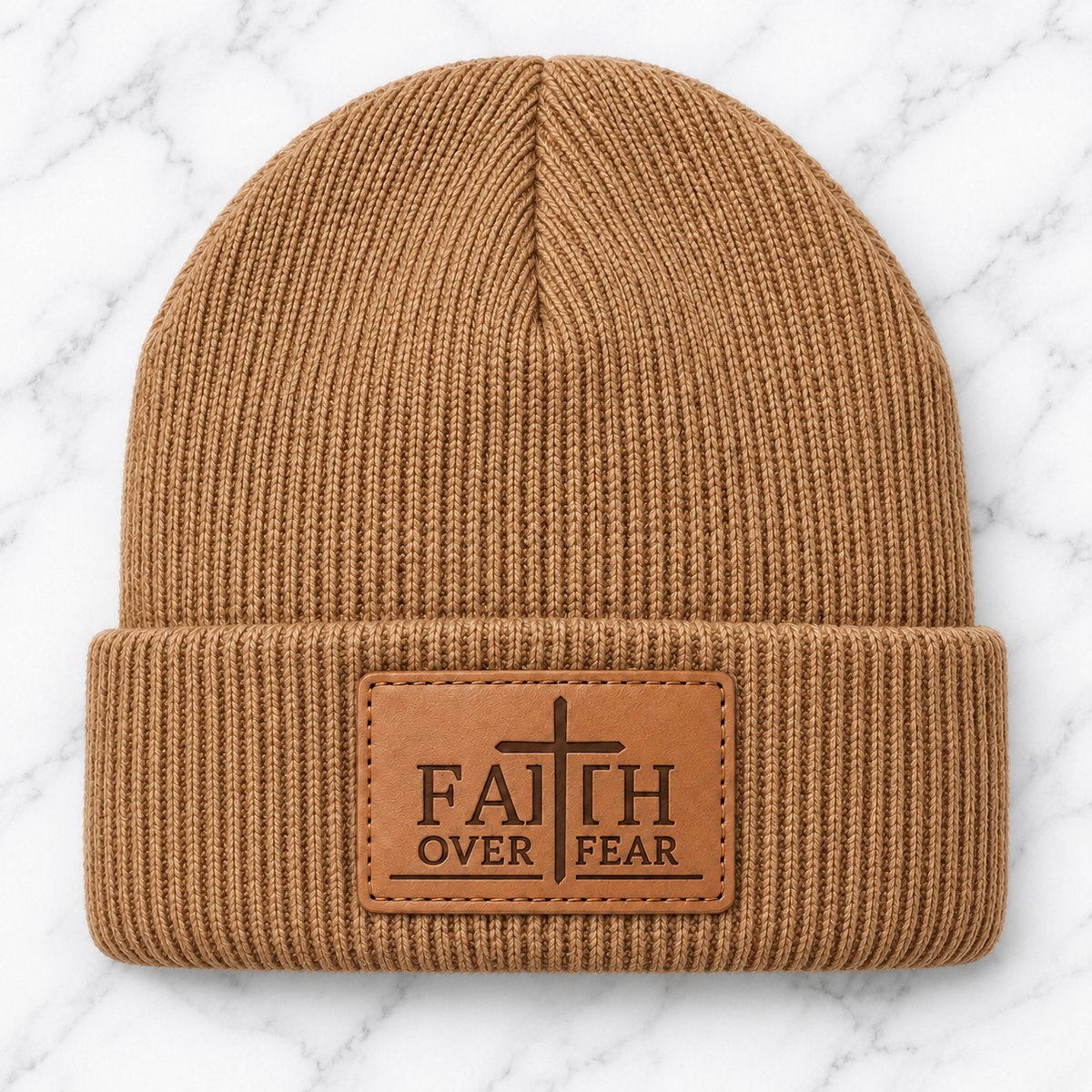 Tan Faith Over Fear engraved leather patch beanie