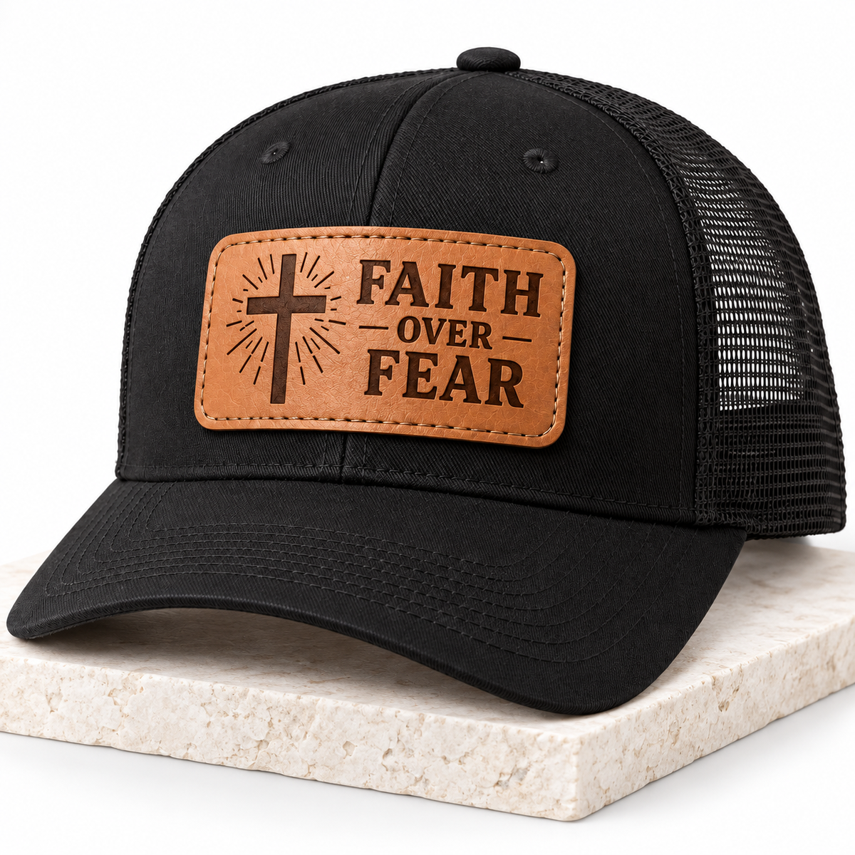 Faith Over Fear leather patch trucker hat close-up