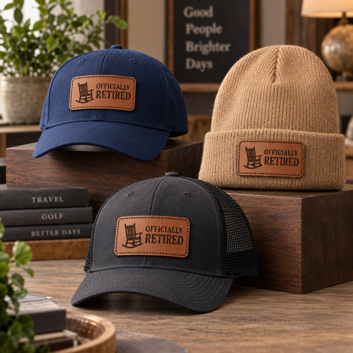 Officially Retired leather patch hats
